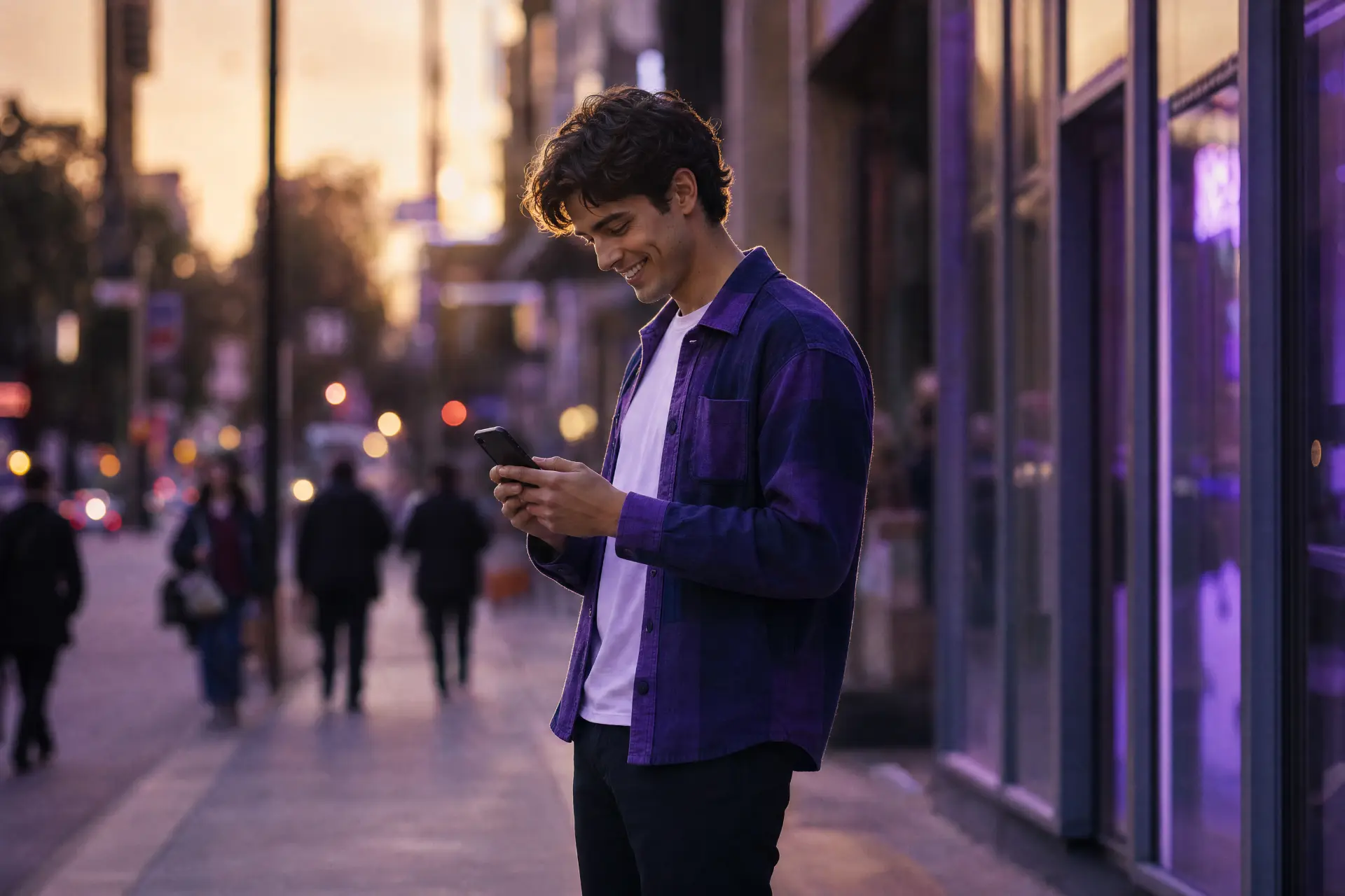 Homem sorrindo usando o aplicativo no celular na cidade