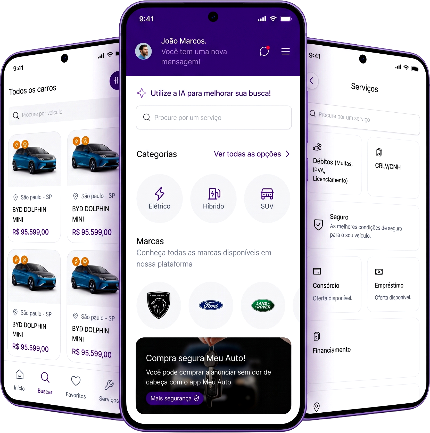 Telas do app Meu Auto App: busca de veículos, home e serviços