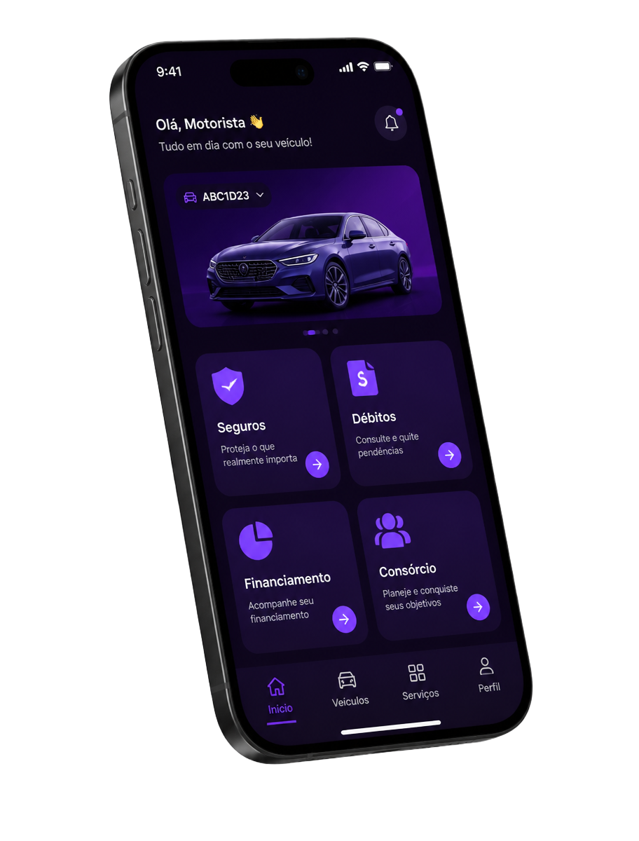 Interface do aplicativo Auto App em um smartphone, com serviços de seguros, débitos, financiamento e consórcio