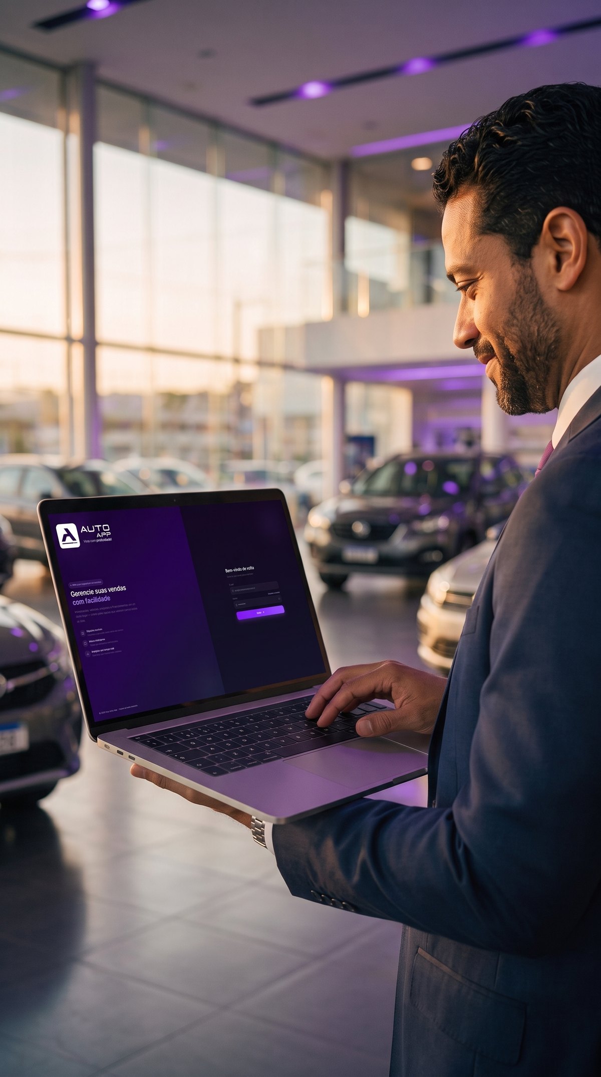 Gestor de concessionária usando a plataforma Meu Auto App no notebook