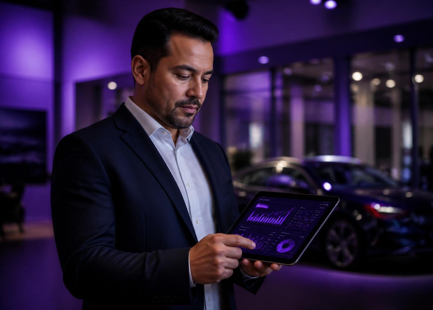 Gerente de concessionária utilizando a plataforma AutoApp em um tablet