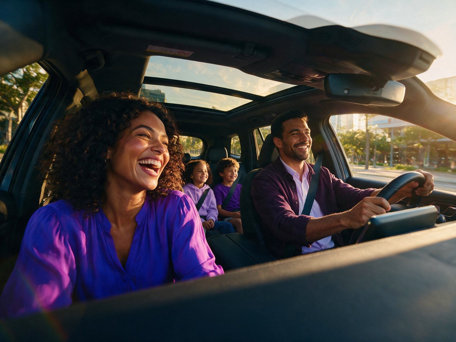 Família dentro do carro sorrindo durante um passeio na cidade