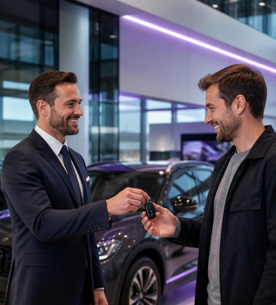 Vendedor entregando a chave do carro ao cliente em concessionária